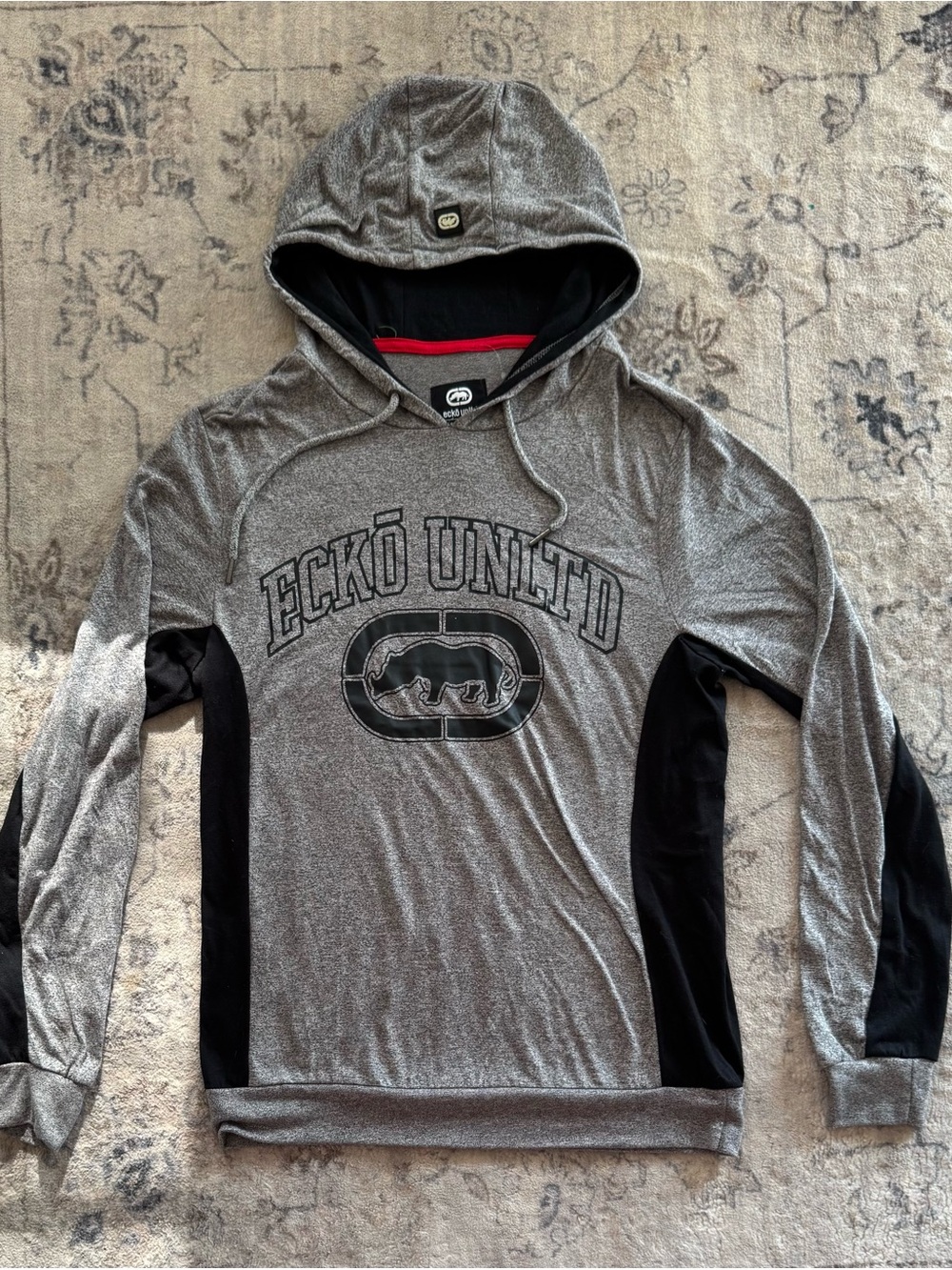 Ecko Unlimited Gray Hooded Pullover with Black Panels